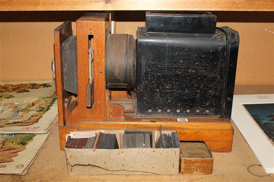 A Victorian oak framed magic lantern projector, 21.5in. closed